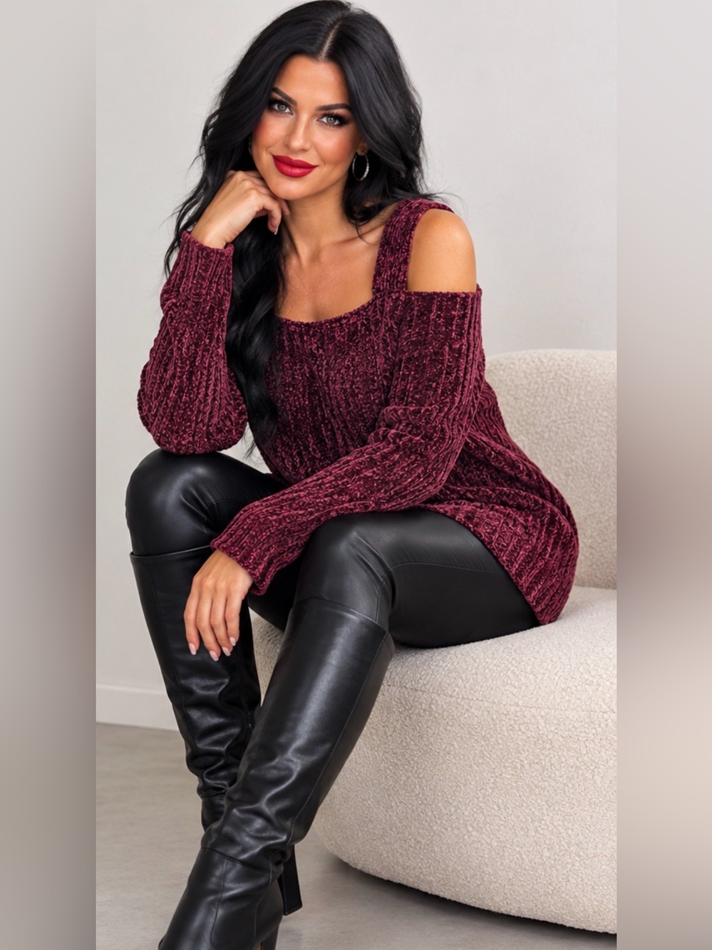 Venus Burgundy Velour Knit Cold-Shoulder Sweater Size L